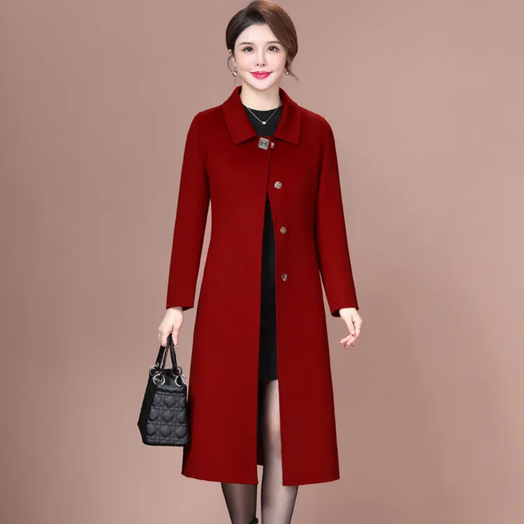 喜婆婆喜妈妈双面呢羊毛大衣女中长款过膝冬装洋气羊毛外套时尚