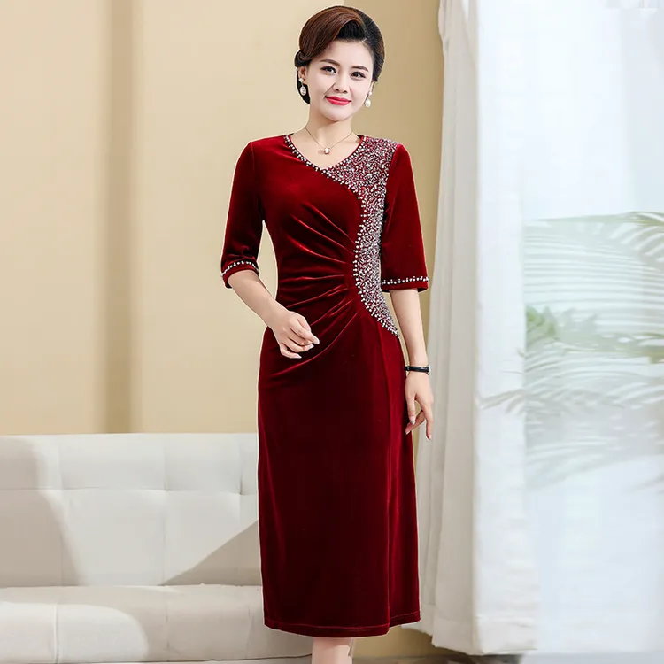 高档喜婆婆喜妈妈婚宴礼服进口金丝绒钉珠镶钻连衣裙高贵大气秋冬
