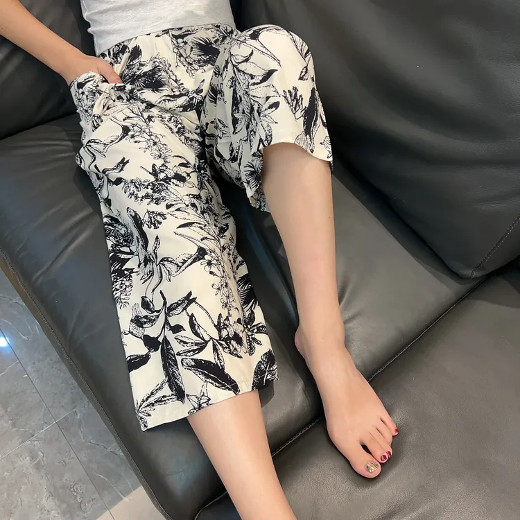 夏棉绸七分裤超薄人造棉宽松大码绵绸中裤情侣款睡裤可外穿休闲裤