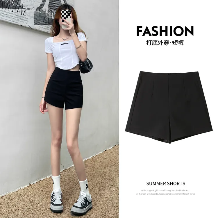 黑色高腰短裤女2024春夏新款百搭显瘦弹力a字热裤外穿女团包臀裤