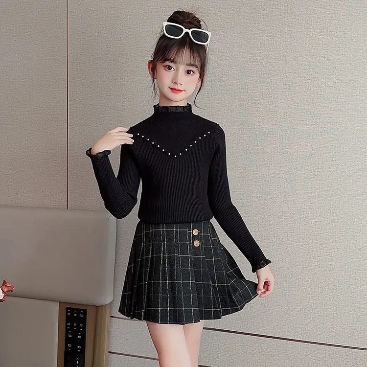 女童加绒加厚半高领毛衣秋冬装时髦蕾丝中大童保暖内搭儿童打底衫