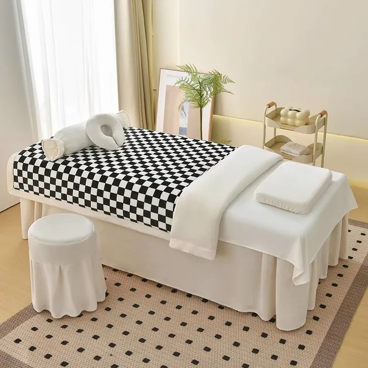 牛奶绒美容床罩四件套网红棋盘格美容院专用轻奢高级感按摩床单绒