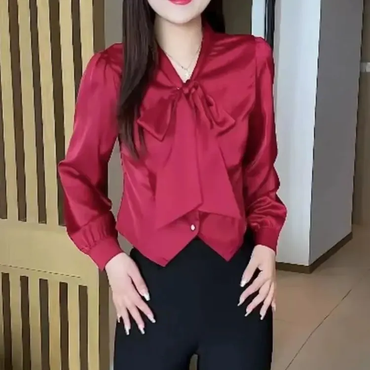 蝴蝶结飘带衬衫女长袖洋气春季新款时尚显瘦气质百搭衬衣短款上衣