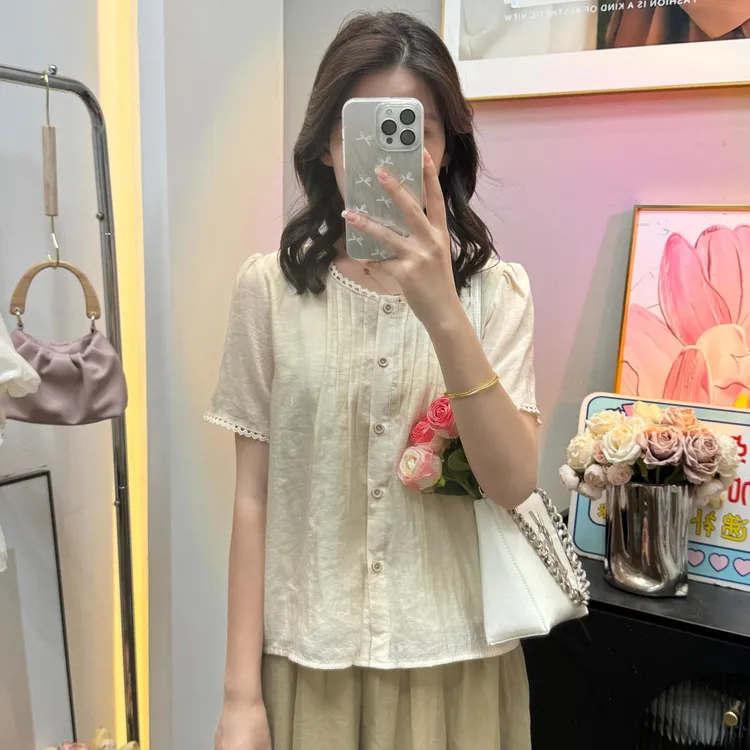 圆领设计复古法式短袖宽松显瘦2024夏季新款韩版衬衫纯色上衣衬衫