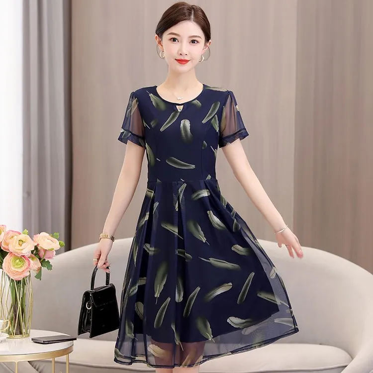 2024遮肉透气显瘦中长款连衣裙夏季时尚清凉百搭中年妈妈装裙子