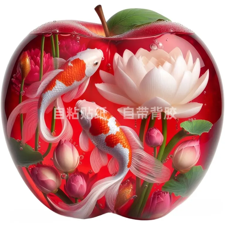 好运锦鲤爆款贴纸新款荷花锦鲤苹果客厅柜子冰箱贴纸自粘贴画