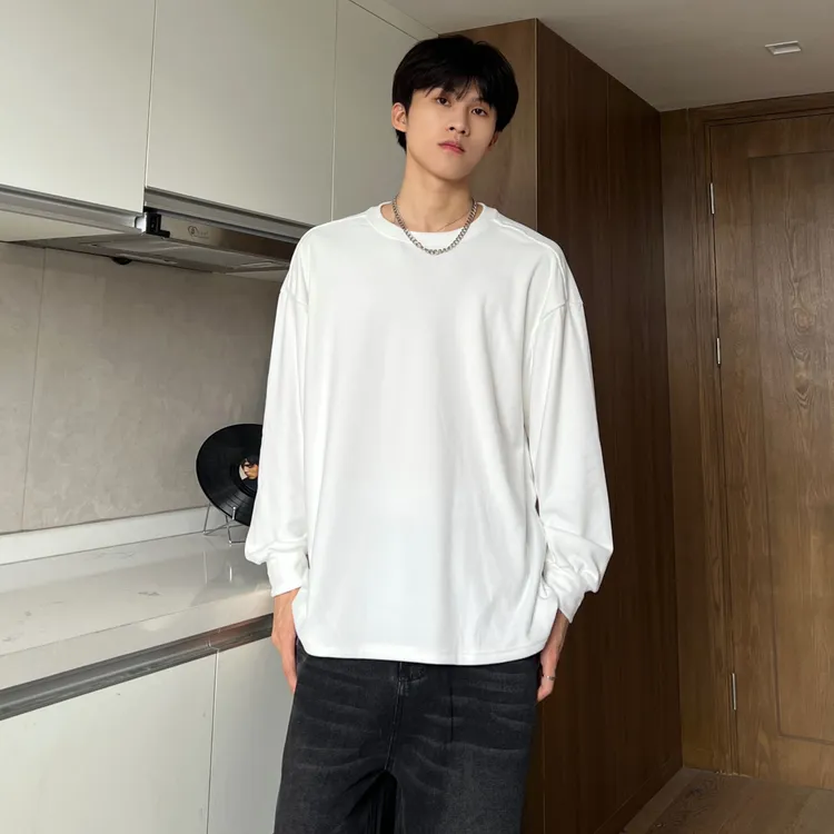 ins秋冬新款德绒打底衫纯色t恤情侣长袖百搭圆领宽松休闲保暖上衣