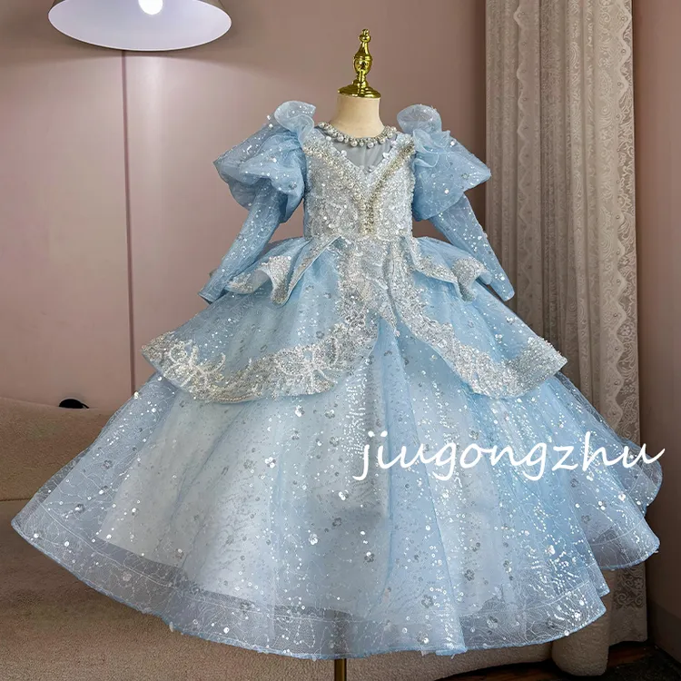 【冰雪女王长袖】儿童女童蓝色夏季生日走秀花童宴会洋气轻奢拖尾