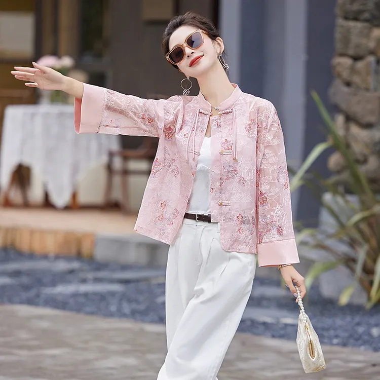 刺绣防晒衣夏季复古宽松长袖休闲短款薄款中国风印花民族风立领衫