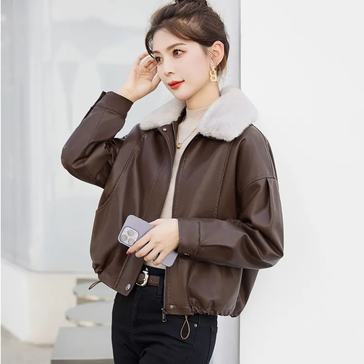 皮衣短款时尚休闲百搭女士宽松韩版冬季小个子加绒加厚立领显瘦