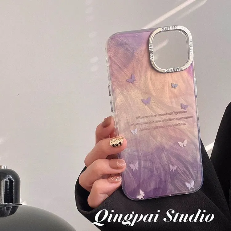 ins风超仙晕染紫色蝴蝶羽纱手机壳适用苹果16promax/15pro防摔14