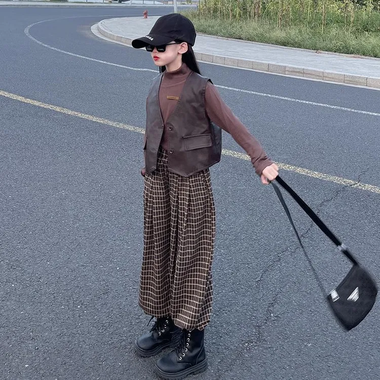 女童套装秋款时尚儿童三件套2024新款秋季马甲洋气格子裤亲子装潮