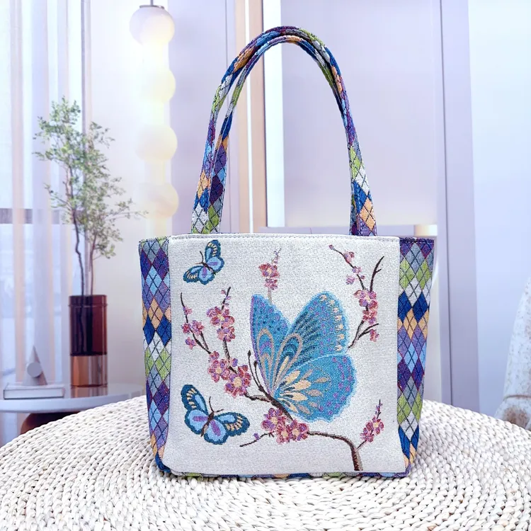 【菱格包-蝶恋花】新升级帆布包双面提花刺绣便当包日常小众手提包