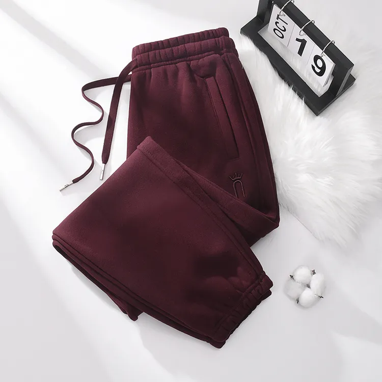 安哥拉红色卫裤女士高级感束脚九分裤加绒高腰显瘦春秋休闲运动裤