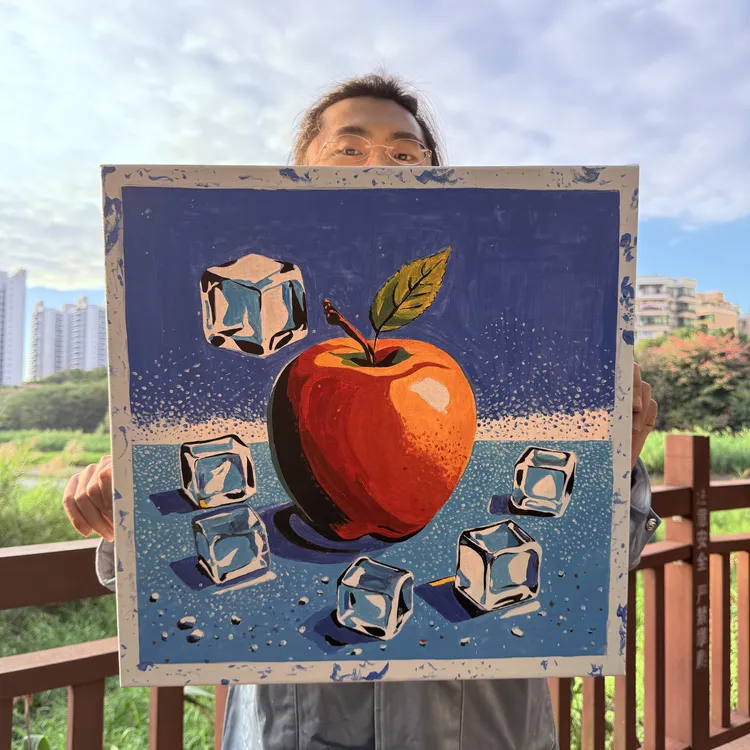 【橙制作出品】苹果与冰手工画丙烯画橡木框50×50厘米没有第二幅