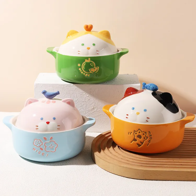 嘟嘟猫咪高颜值卡通陶瓷碗可爱带盖双耳碗方便面碗带盖家用泡面碗
