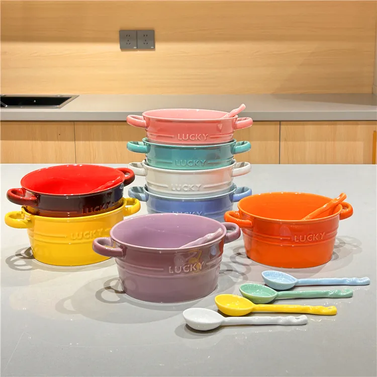 多彩高颜值陶瓷大号双耳汤碗带勺网红款水煮鱼酸菜鱼汤盆家用