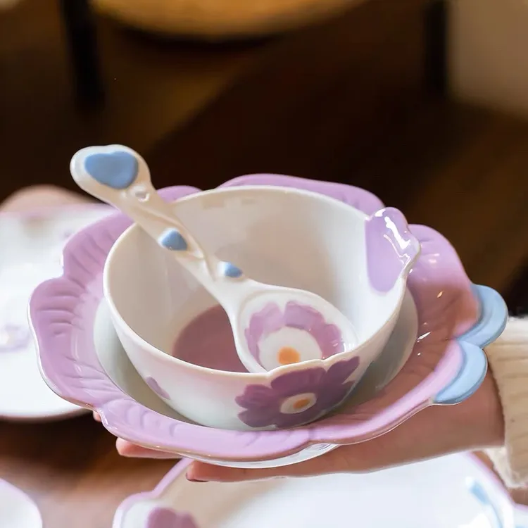 紫薇花开陶瓷餐具3件套装米饭碗家用可爱高颜值沙拉碗网红釉下彩