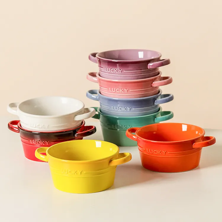 多彩渐变陶瓷大号双耳汤碗2025新款水煮鱼酸菜鱼汤盆大碗家用单个