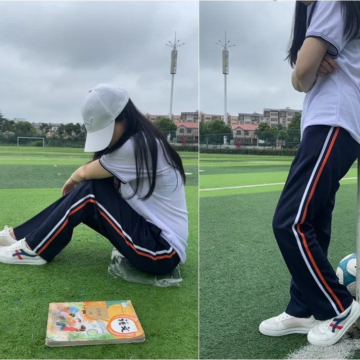 藏蓝色白橙双杠校服裤子男女初高中小学生春秋厚款橙白条运动校裤