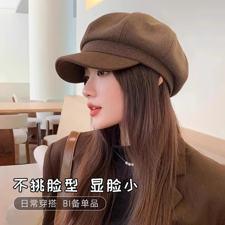帽子女士冬季韩版百搭复古八角画家帽秋冬大头围显脸小毛呢贝雷帽