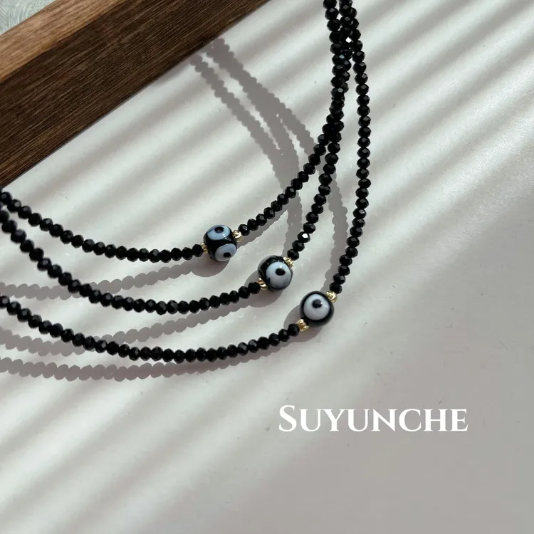 非金属仿水晶项链 Suyunche376百搭纯黑项链黑白圆球小吊坠单项链