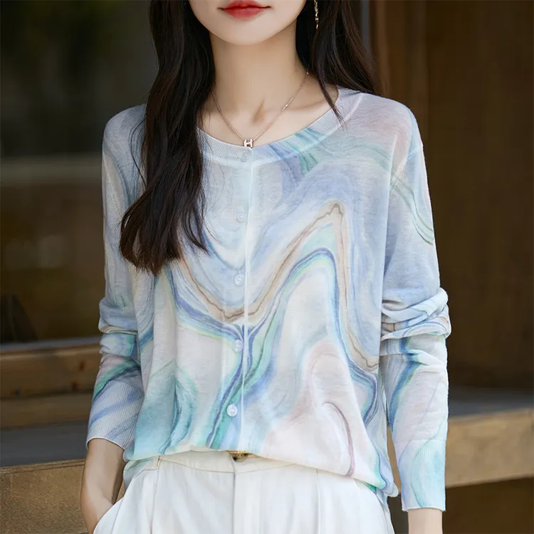 新款春秋水溶羊毛女开衫外套洋气长袖羊毛打底衫宽松印花时尚针织