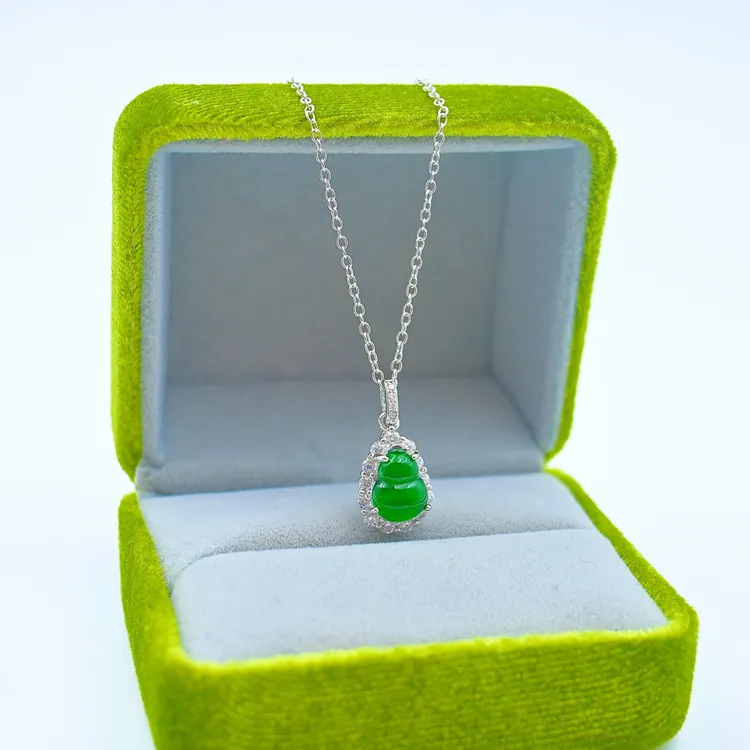 葫芦吊坠天然A货翡翠925银满绿绿色阳绿（链子可调节）翡翠保真基地