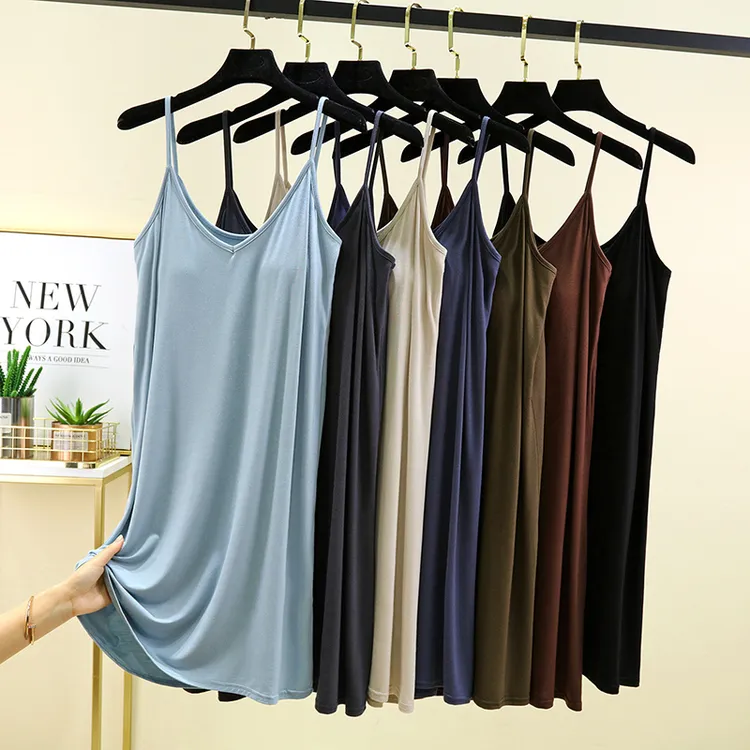 带胸垫v领吊带裙女夏季内搭中长款睡裙家居裙可外穿连衣裙打底裙