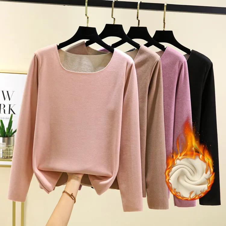 加大码德绒保暖内衣女无痕圆领上衣秋冬加肥秋衣加绒加厚打底衫