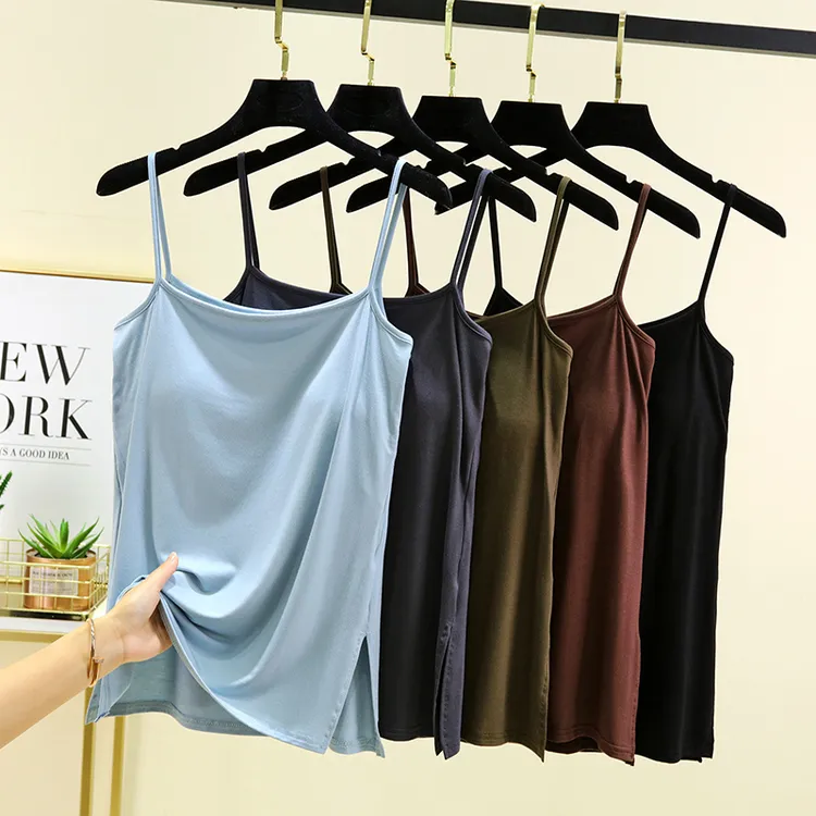 莫代尔带胸垫下摆开叉小吊带女夏季薄款打底衫内搭背心无袖上衣
