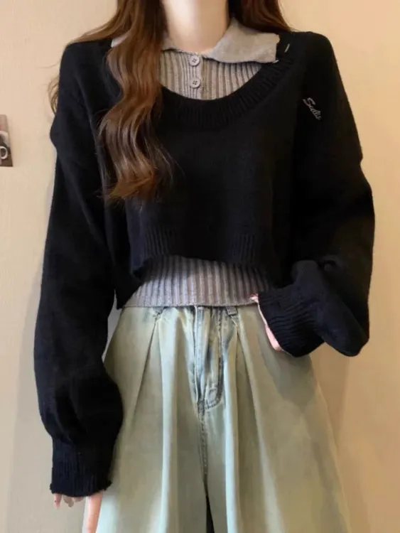 2025秋季新款美式小个子短款破洞设计感Polo领针织衫两件套上衣女