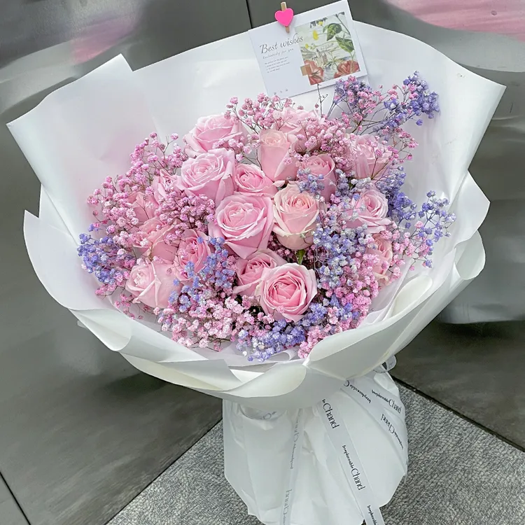 粉玫瑰满天星玫瑰花束全国生日礼物送女友表白纪念鲜花同城配送店