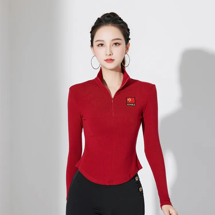 新款摩登上衣女拉链立领国标形体拉丁广场舞蹈服长袖练功表演小衫