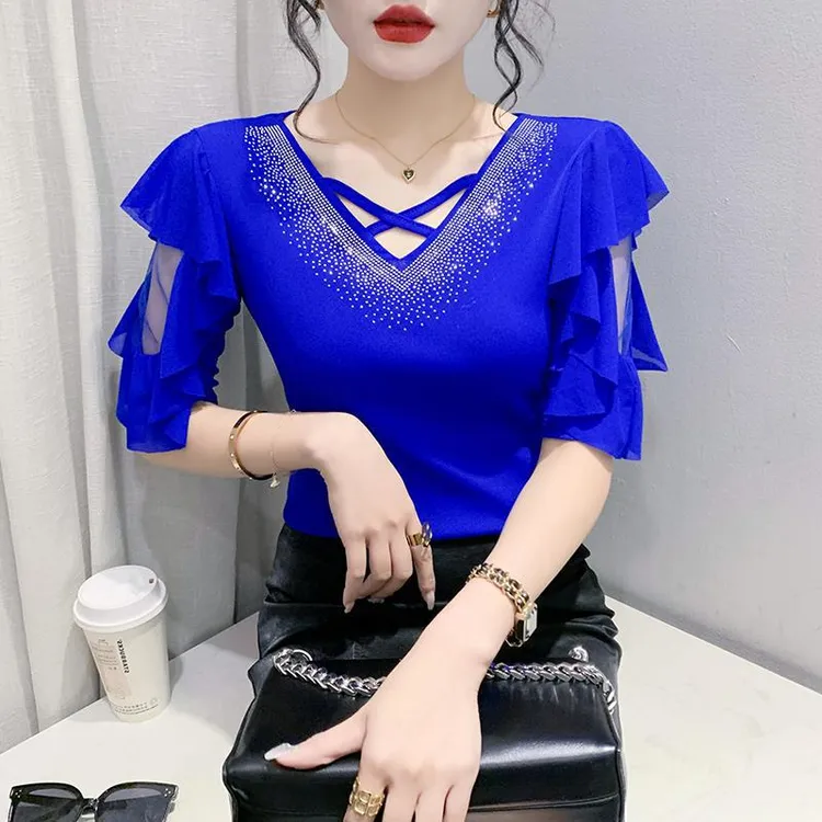 新款烫钻荷叶边上衣女摩登舞服装拉丁吉特巴广场舞洋气小衫夏季