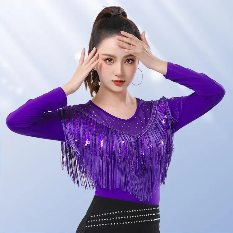 新款时尚摩登流苏亮片跳舞专用衣服拉丁广场吉特巴显瘦舞蹈上衣女