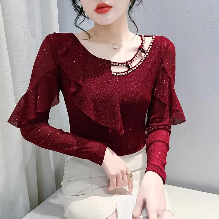 新款钉珠荷叶边不规则摩登舞服女气质百搭跳舞上衣单件长袖小衫