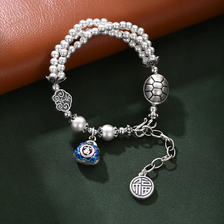 罗泰老银匠 足银手链 999纯银富甲一方手链女款百搭银珠手串串珠