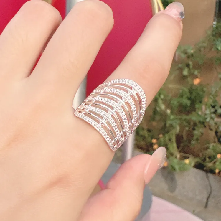 足银戒指 食指戒指女999纯银大波浪多层满天星皇冠个性夸张大指环