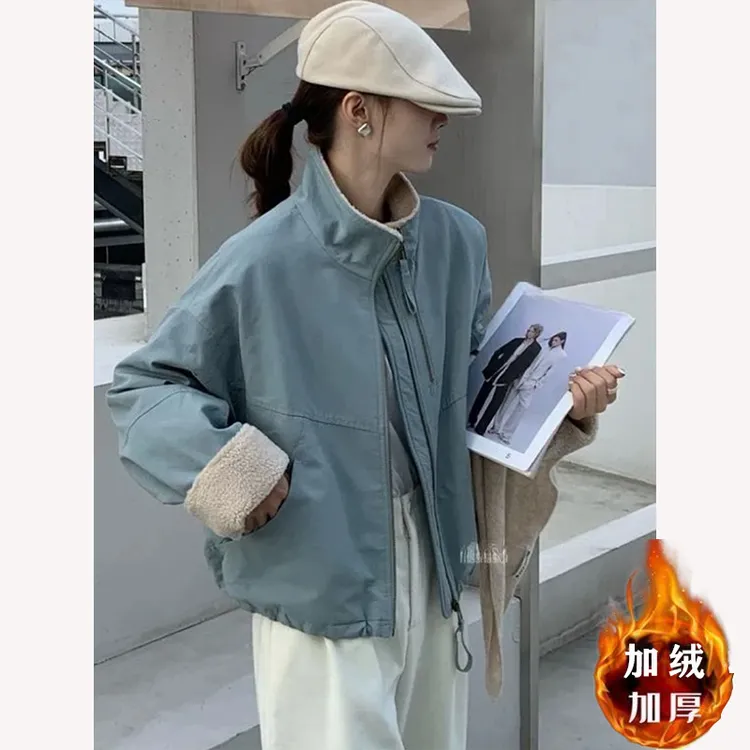热卖仿羊羔毛短款派克服女小个子2025冬季韩版休闲宽松棉服短外套