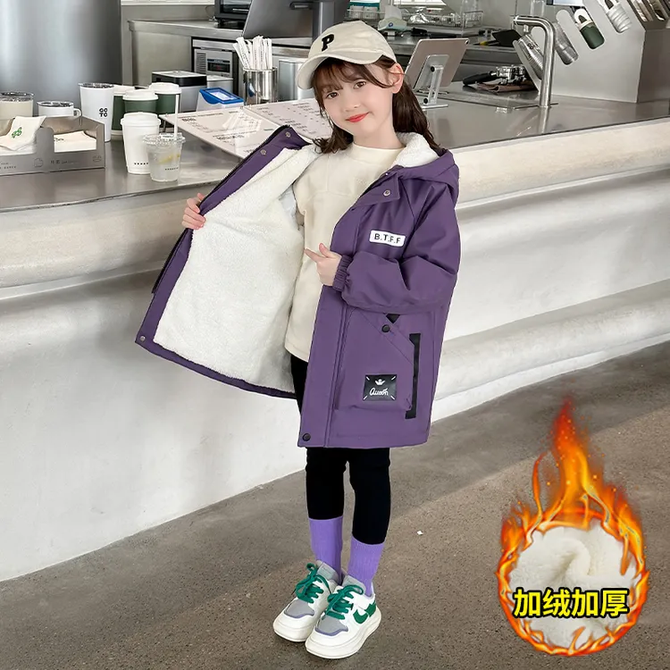 女童冬季儿童外套中大童连帽加厚风衣中长款保暖派克服加绒上衣潮