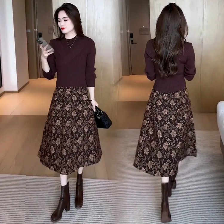 时尚洋气针织长袖连衣裙女2024秋冬季新款中长款显瘦假两件打底裙