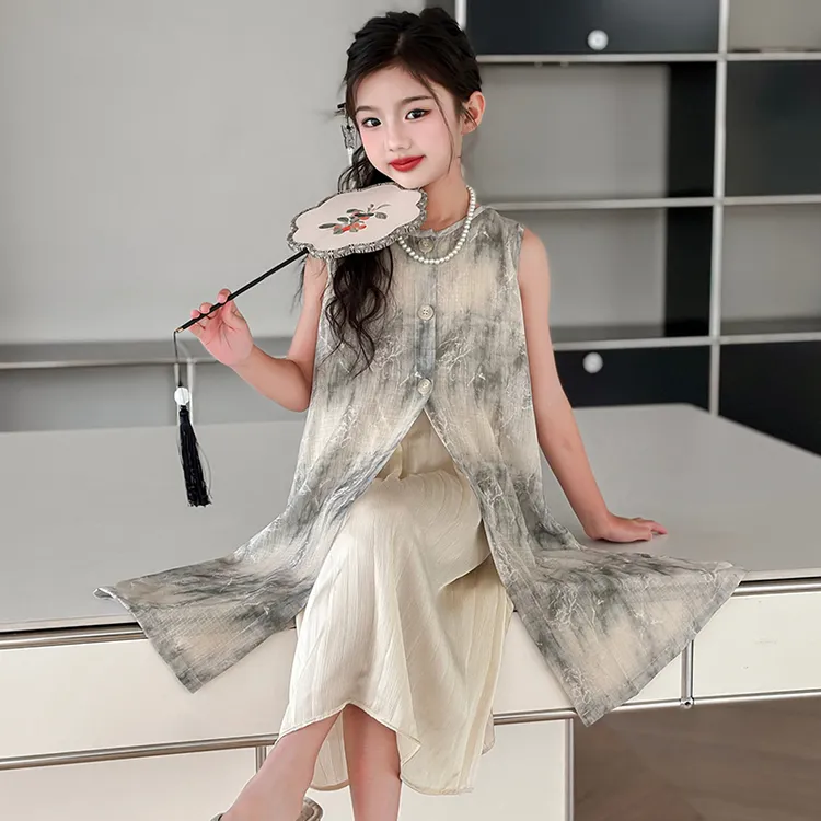 女童新中式国风连衣裙夏季2024新款洋气中大童假两件背心连衣裙