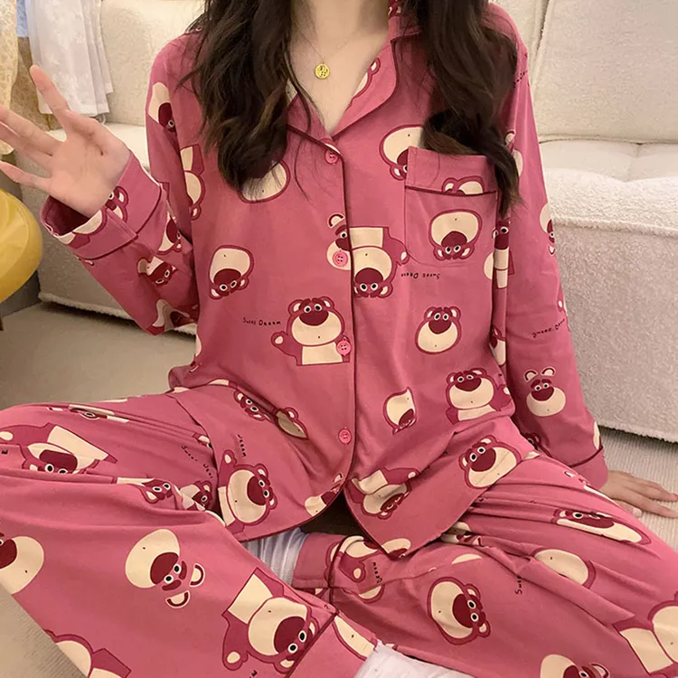 红色可爱草莓熊秋季长袖睡衣女开衫套装休闲卡通牛奶丝宽松春秋款