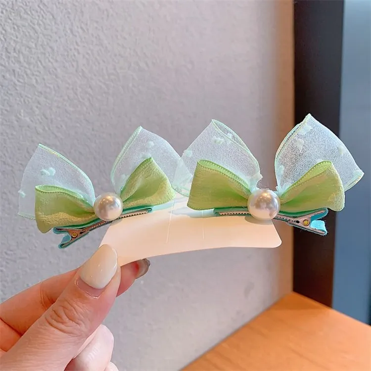韩版仿立体蝴蝶结兔耳朵宝宝对夹小清新泡泡纱儿童发夹可爱
