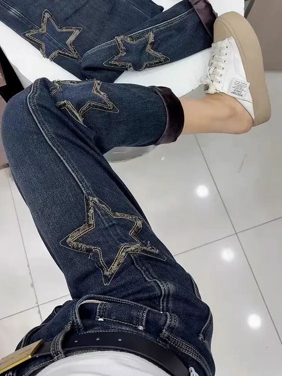 9A1137-L高腰宽松显瘦五星装饰小个子百搭加绒加厚老爹裤