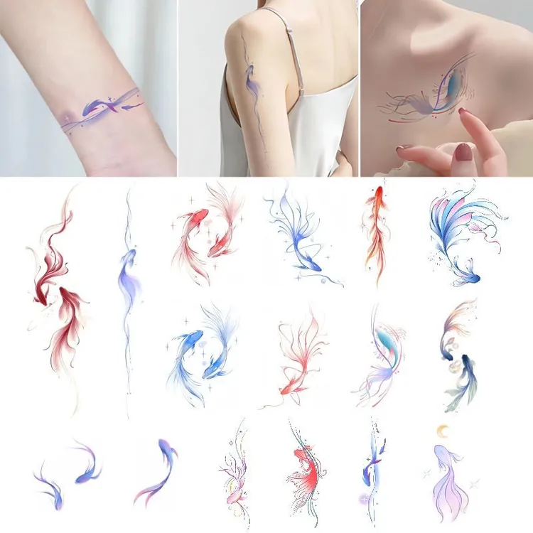 幸运锦鲤金鱼彩色纹身贴防水持久手腕手臂锁骨双鱼贴纸国风小清新