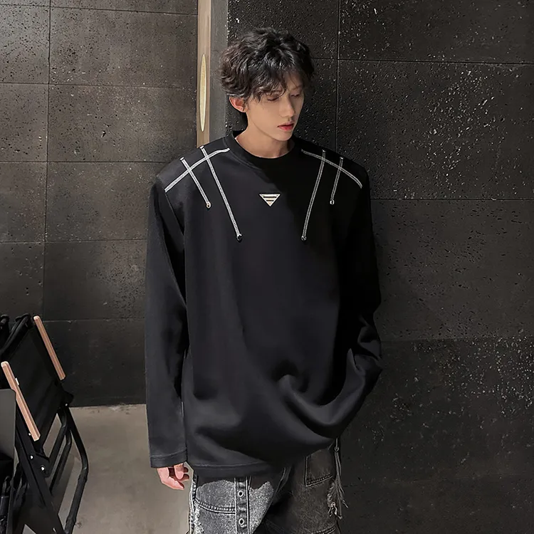 明辑线铆钉垫肩重磅长袖t恤男春秋美式高街潮牌痞帅宽松休闲外套