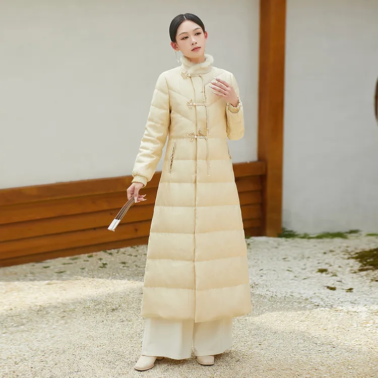 【F288】中国风气质女士中长款冬季立领收腰修身黄色羽绒服