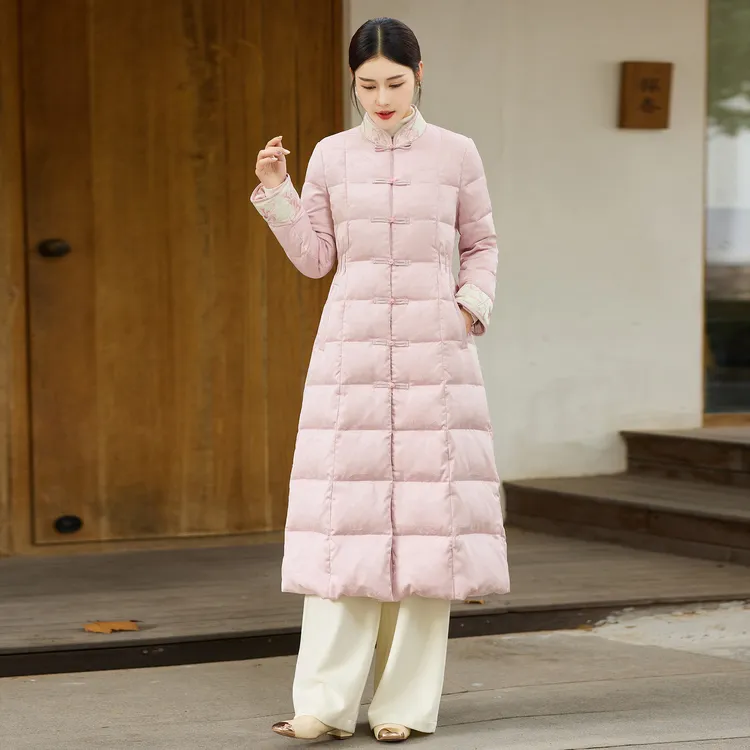 G119 唐装女装中国风白鸭绒轻薄羽绒服女冬中长款中式复古外套